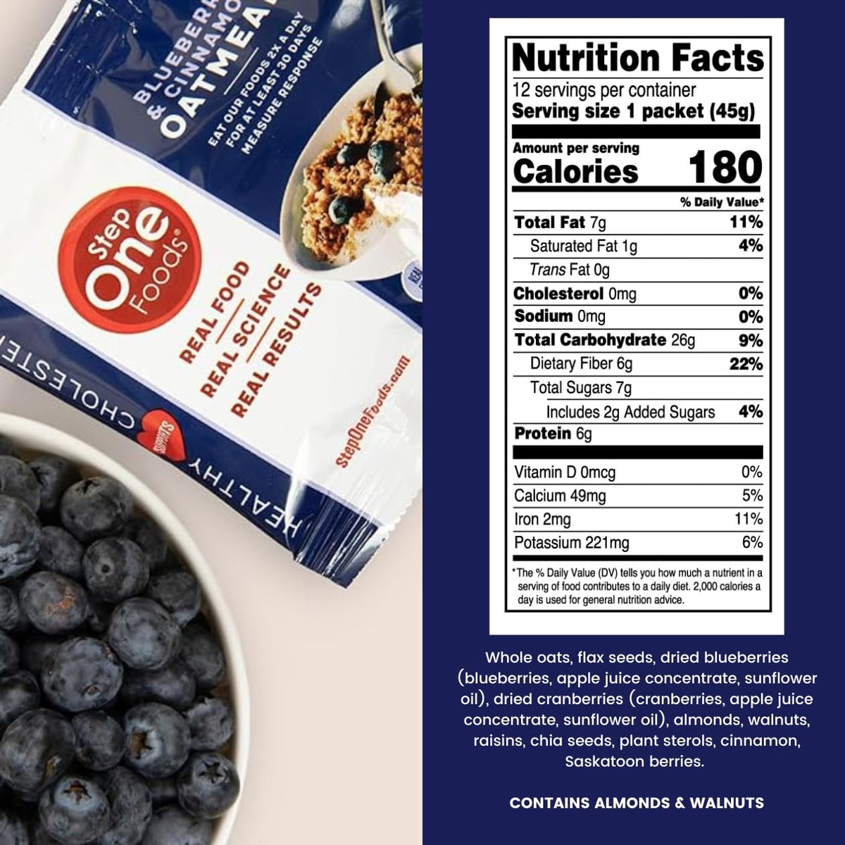 Step One Foods Blueberry Cinnamon Oatmeal ingredients, highlighting whole foods and clean label
