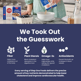 Step One Foods Blueberry Cinnamon Oatmeal nutrition panel, shows plant sterols and fiber