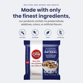 Step One Foods Blueberry Cinnamon Oatmeal serving bowl, ready to enjoy a wholesome morning