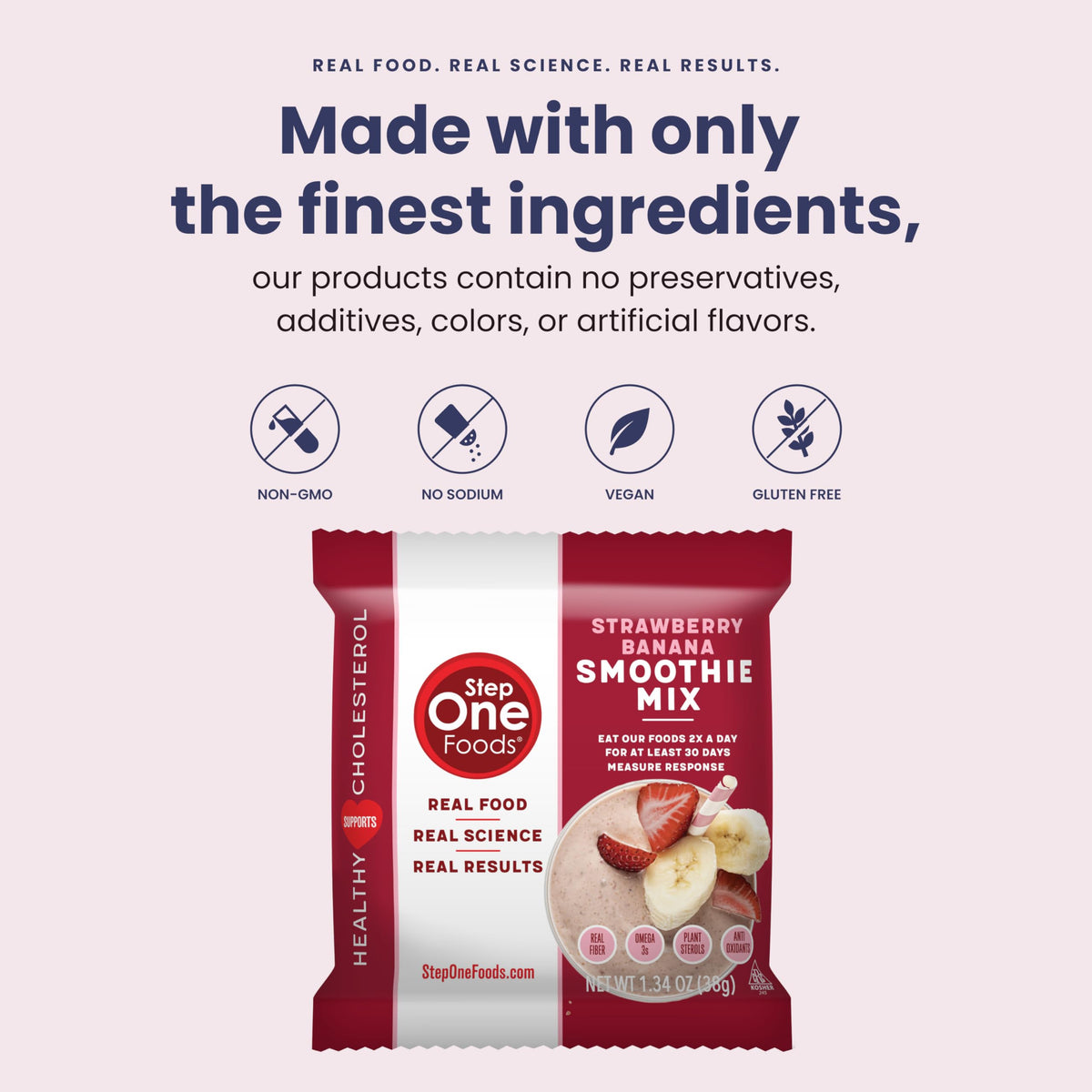 Vibrant strawberry banana blend showcased in Step One product image.