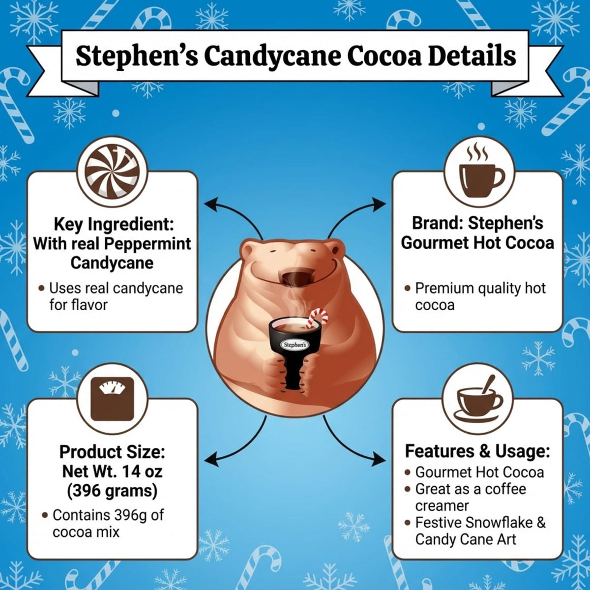 Gift-ready Stephen's cocoa in a holiday basket for hosts and friends.