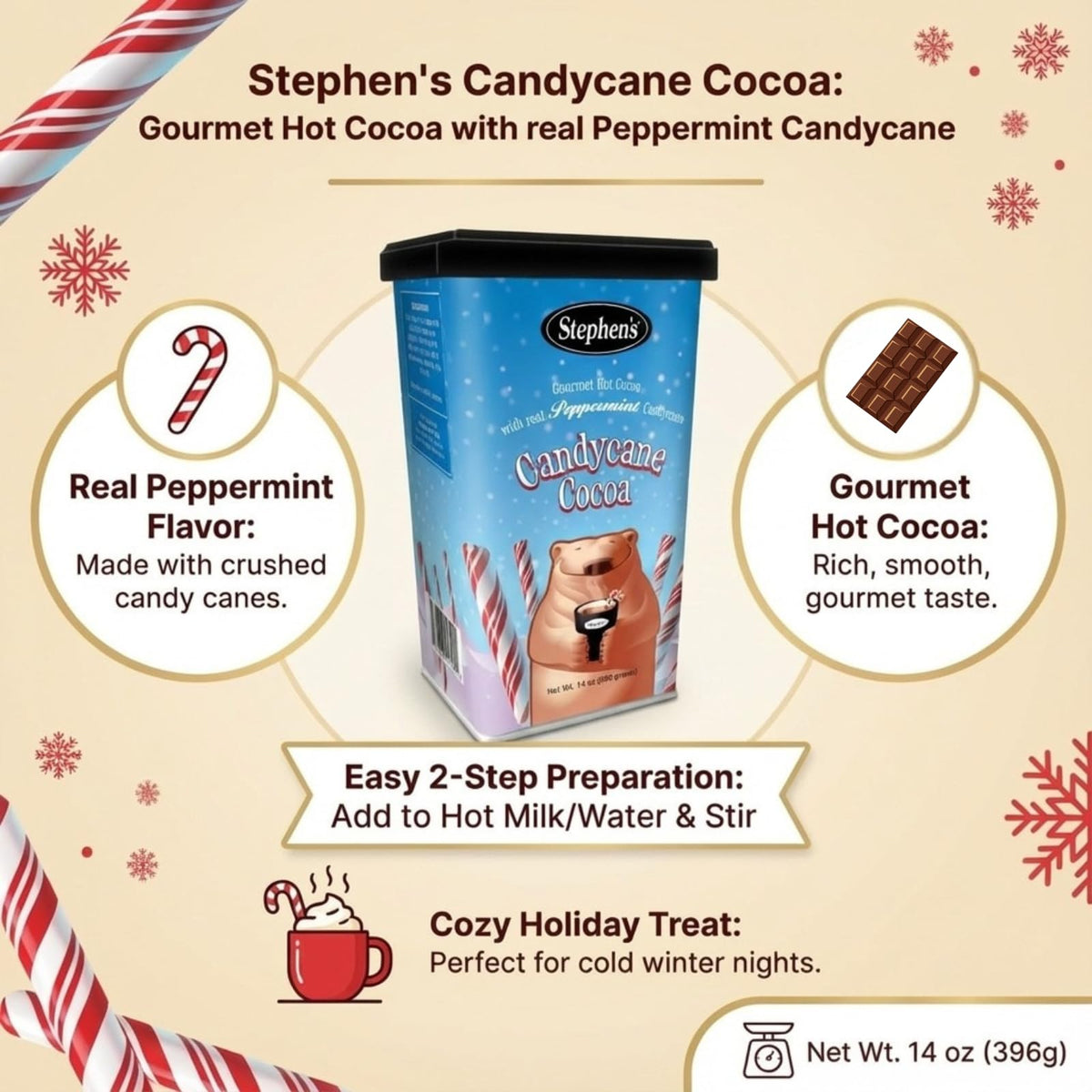 Mug of Stephen's Candy Cane hot cocoa topped with whipped cream and a minty finish.