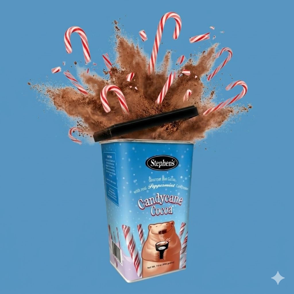 Pouring Stephen's Candy Cane hot cocoa into hot milk at home.