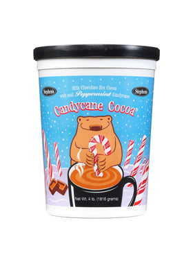 Stephen's Candy Cane Hot Cocoa canister front, premium cocoa base for cozy celebrations.
