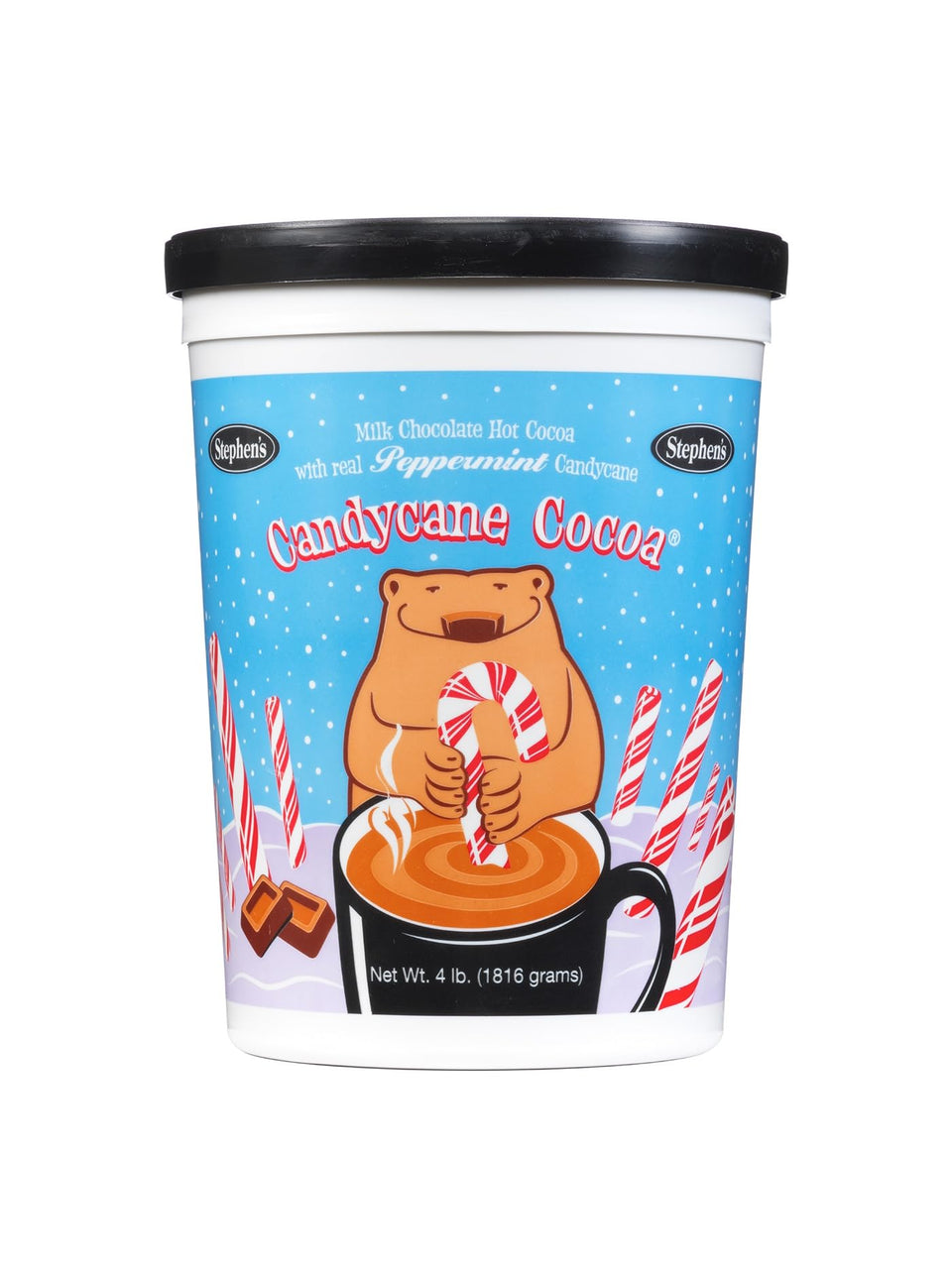 Stephen's Candy Cane Hot Cocoa canister front, premium cocoa base for cozy celebrations.