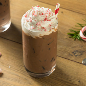 Stephen's Candy Cane Hot Cocoa mug with steam, creamy milk chocolate and peppermint.