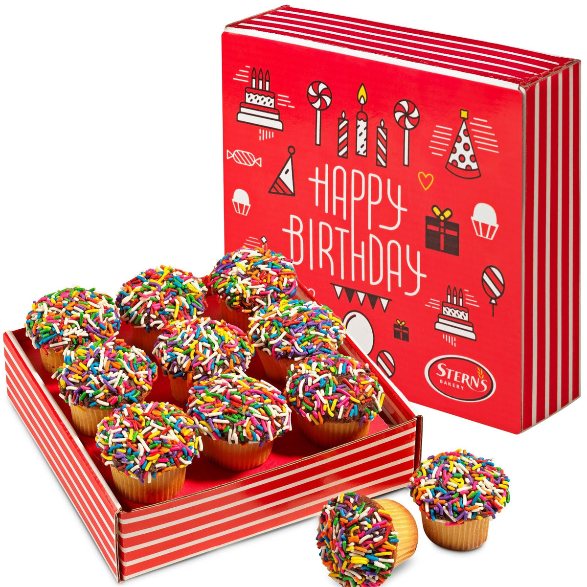 Stern's Bakery birthday gift box closeup featuring nine mini cupcakes for celebrations.