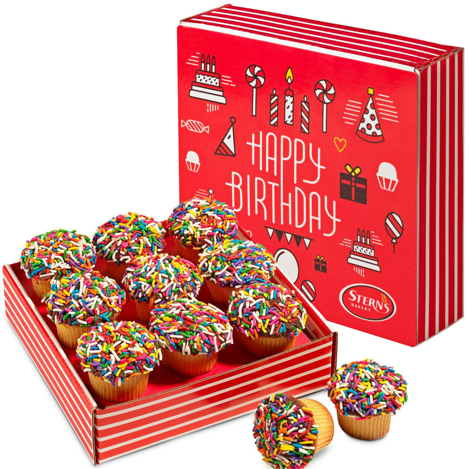 Stern's Bakery birthday gift box closeup featuring nine mini cupcakes for celebrations.