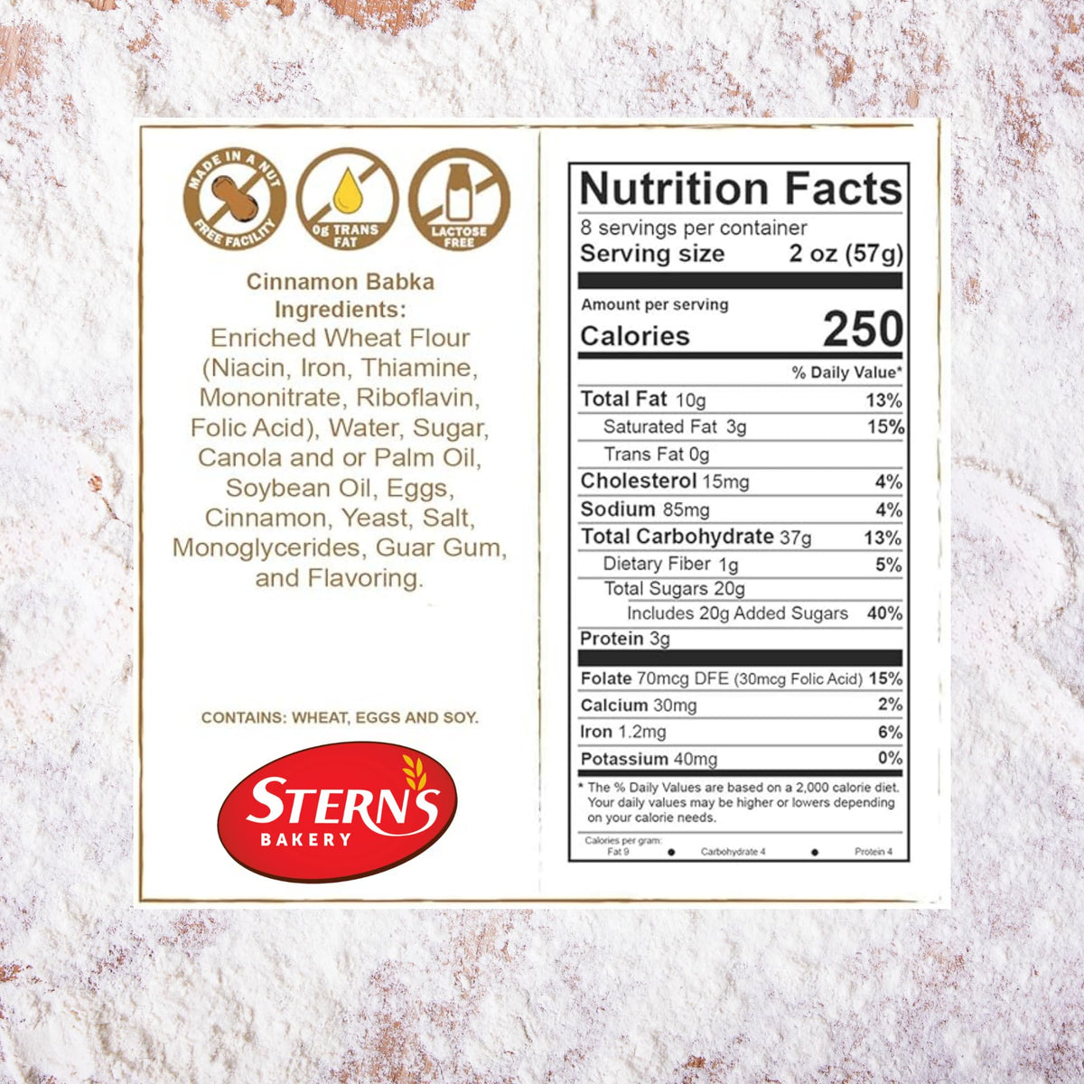 Stern's Bakery Cinnamon Babka Packaging, gift-ready loaf from a nut-free facility