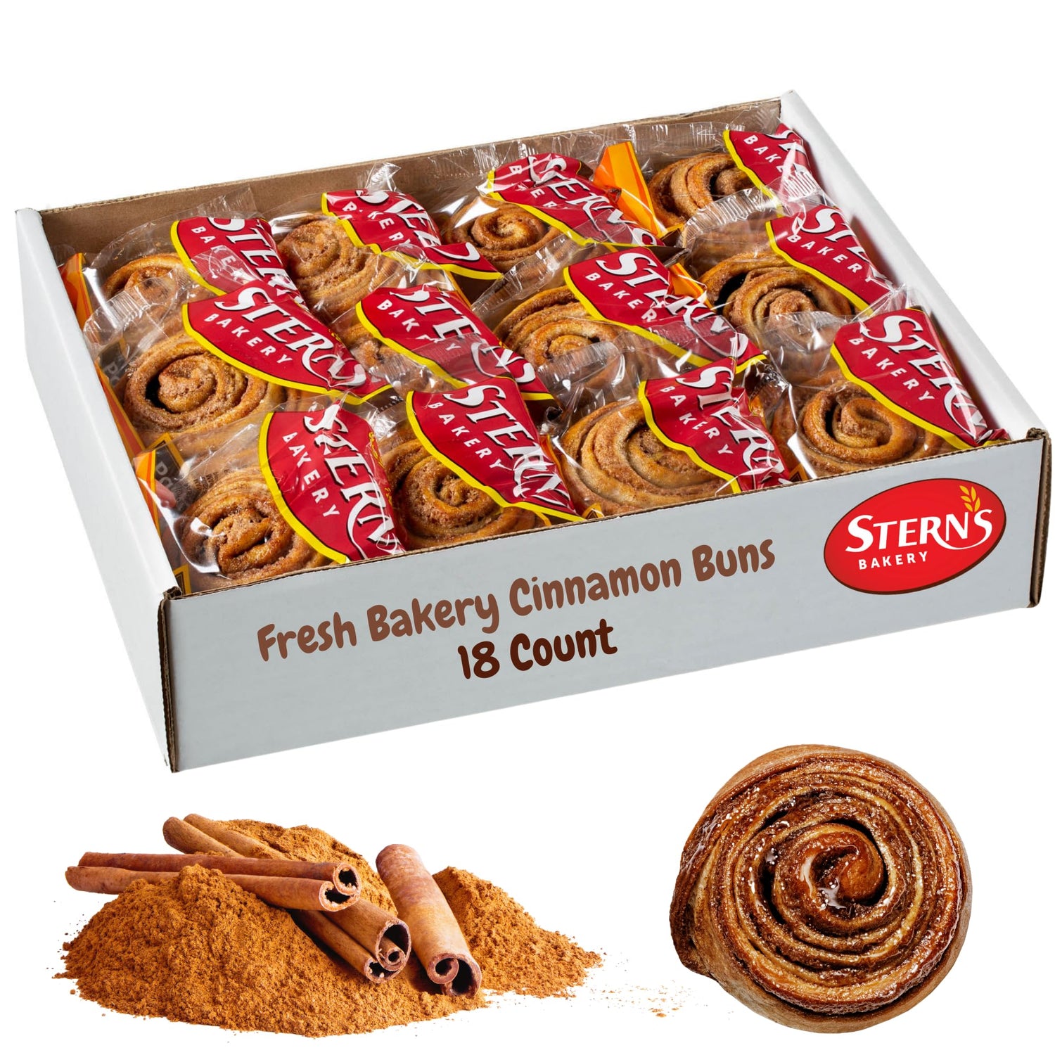 Stern's Bakery Cinnamon Buns packaged for grab-and-go breakfast.