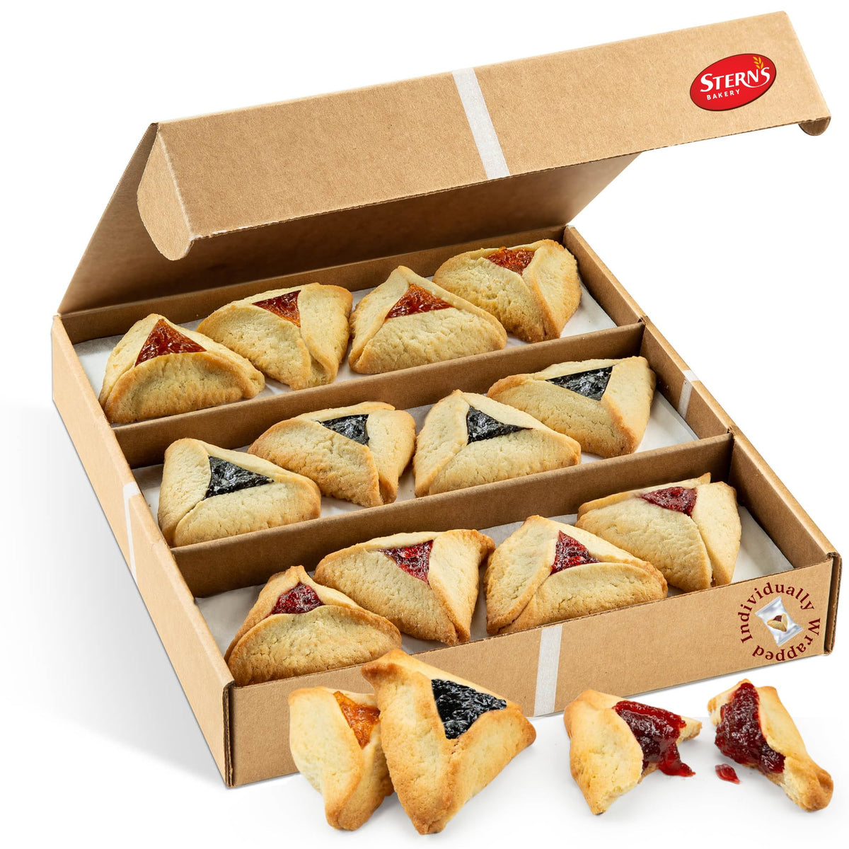 Stern's Bakery apricot-filled hamentaschen, individually wrapped for freshness.