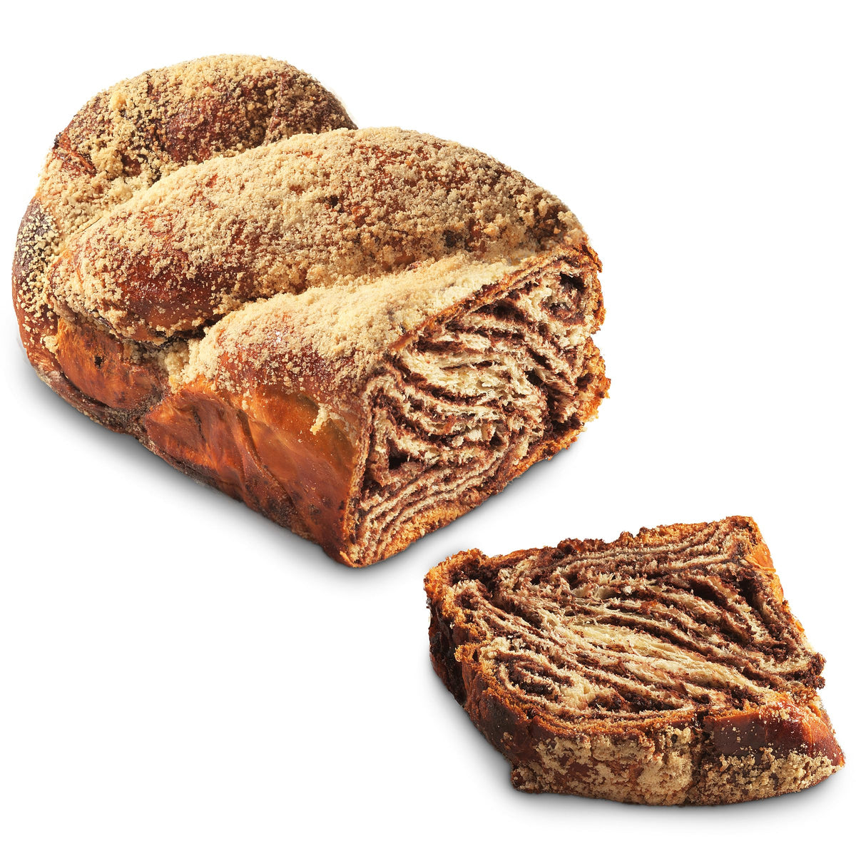 Stern’s Bakery Hungarian Chocolate Babka Cake – slice reveals rich swirl and tender crumb.