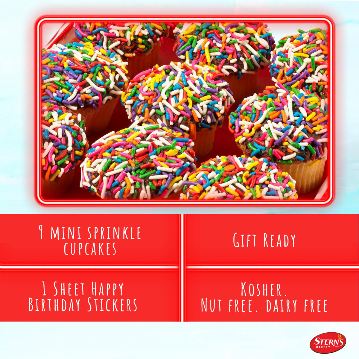 Stern's Bakery mini rainbow sprinkle cupcakes arranged for a festive, shareable treat.