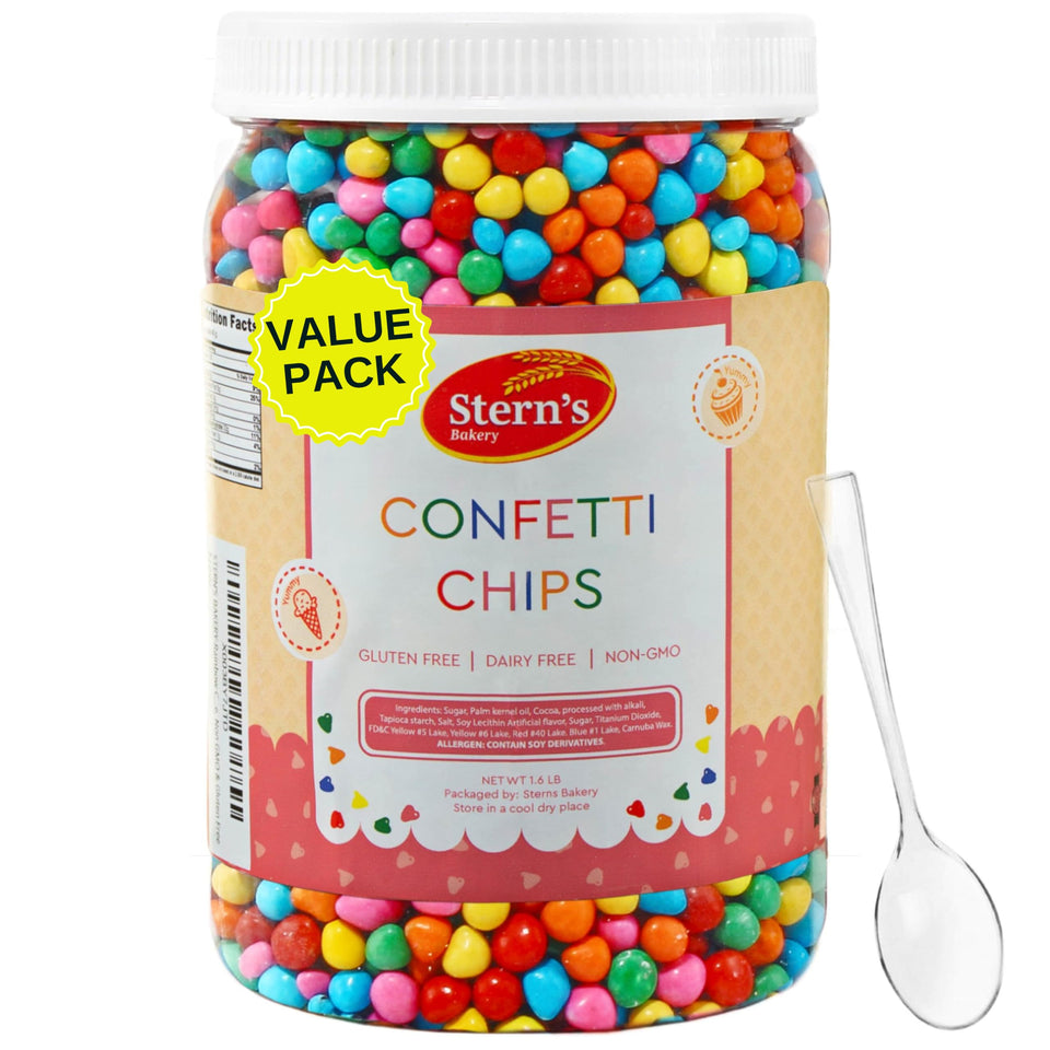Stern's Bakery rainbow candy coated chips bag front, ideal for cookies and cakes.