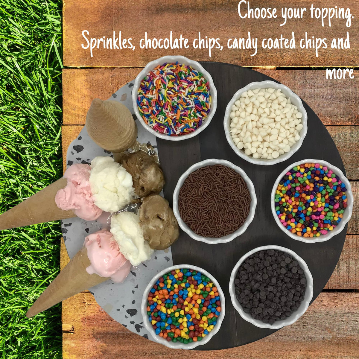 Spoonful of Stern's rainbow chips over vanilla ice cream for fun toppings.