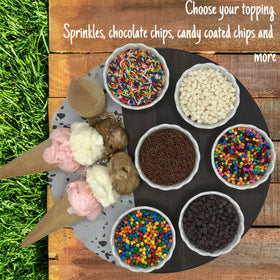 Spoonful of Stern's rainbow chips over vanilla ice cream for fun toppings.