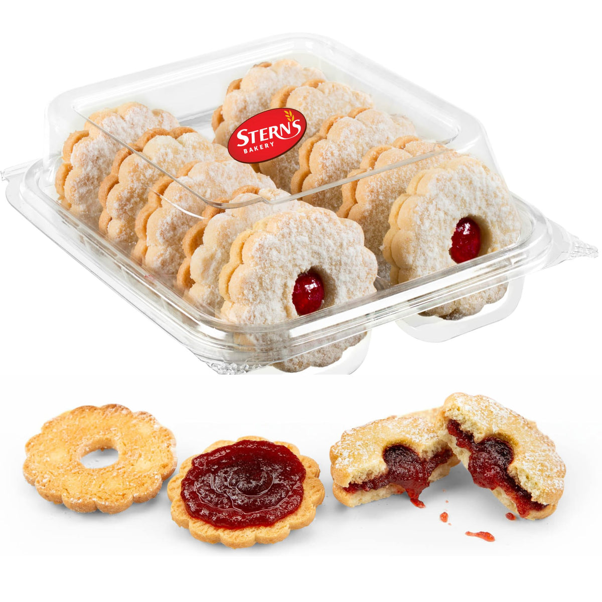 Stern’s Bakery raspberry Linzer cookies packaging shows gift-ready presentation