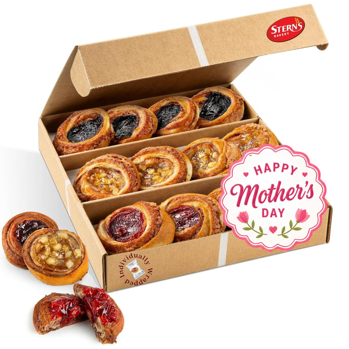 Stern's Bakery fruit Danish assortment shown in a gift box, ideal for celebrations.