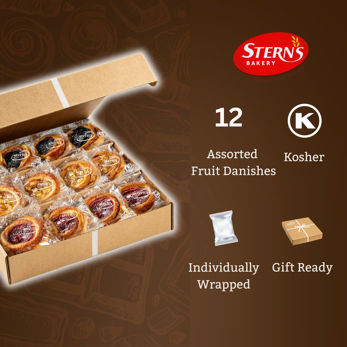 Stern's Bakery fruit-filled cinnamon buns arranged on a platter, ready for sharing.