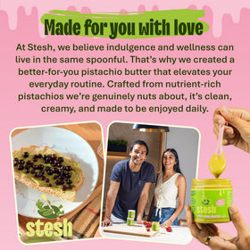 Stesh Pistachio Butter ingredients panel, vegan and gluten-free features