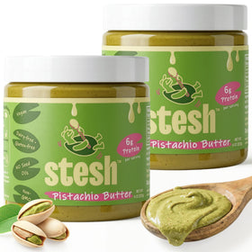 Stesh Pistachio Butter jar front view, creamy vegan spread