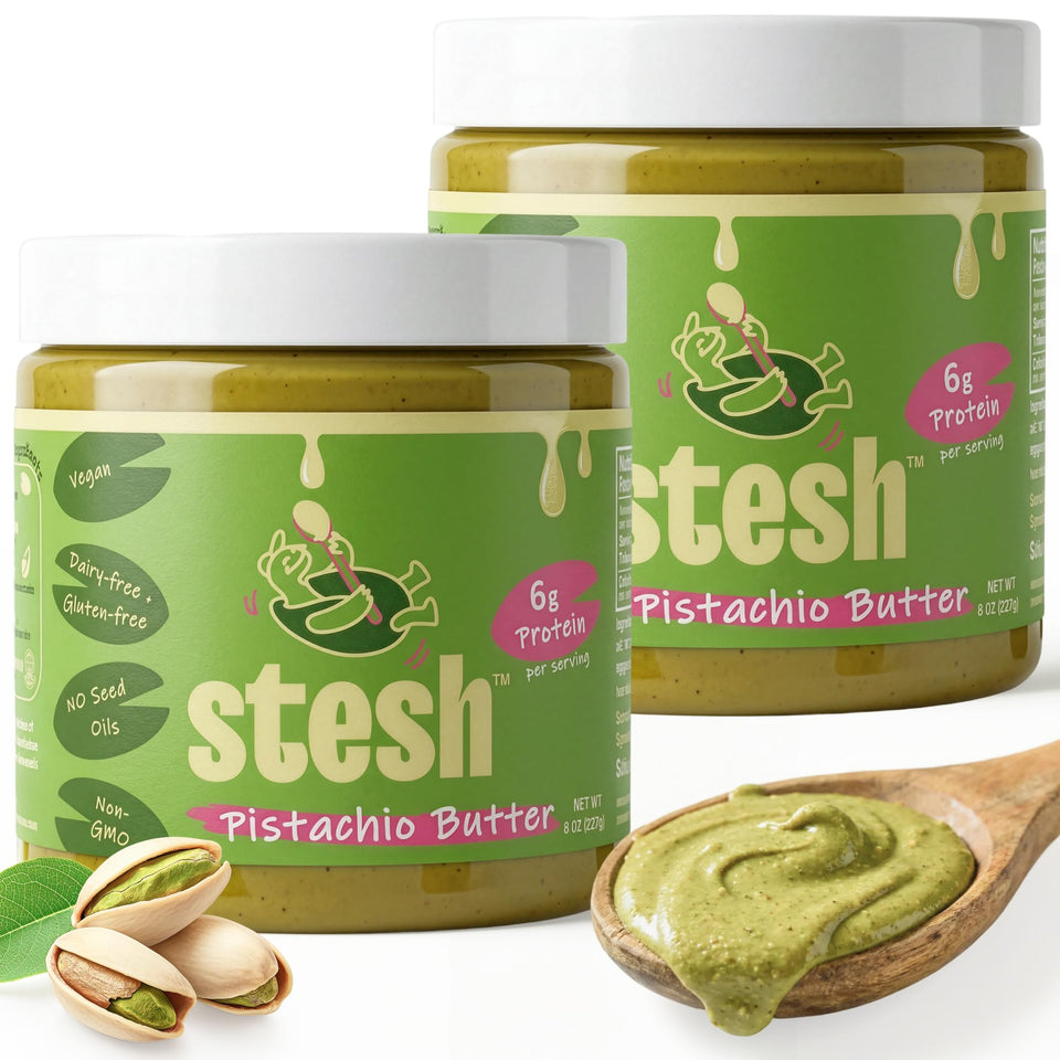 Stesh Pistachio Butter jar front view, creamy vegan spread