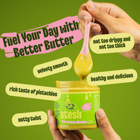 Stesh Pistachio Butter spoon serving offers a dairy-free indulgence.