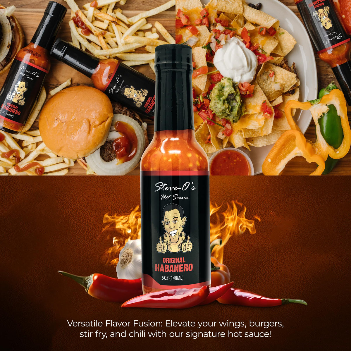 Burger image shows Steve-O's hot sauce adds smoky warmth.
