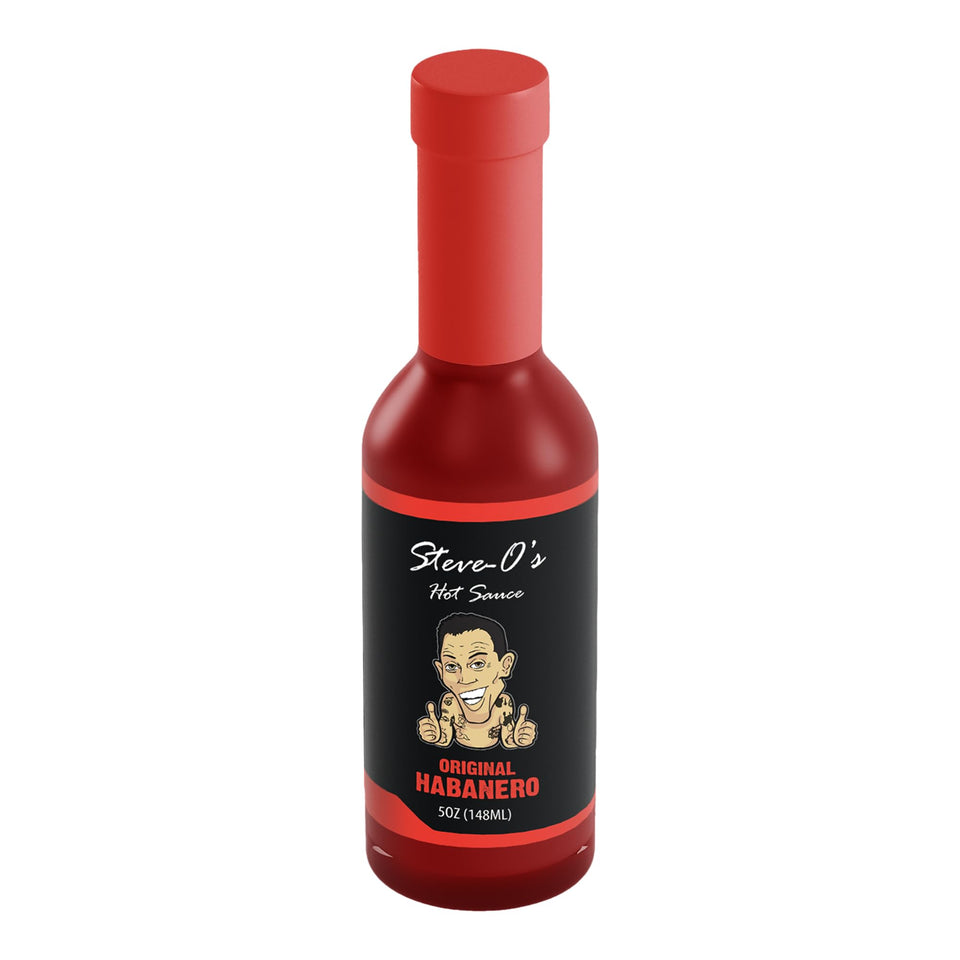 Steve-O's habanero hot sauce bottle boosts flavor with bold heat.