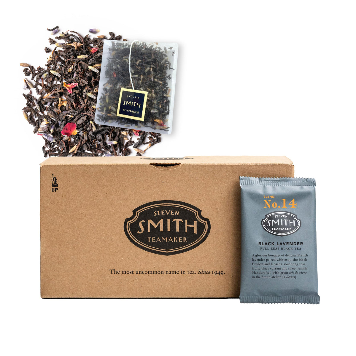 Steven Smith Teamaker Black Lavender No.14 packaging closeup, premium sachets for daily indulgent tea moments.