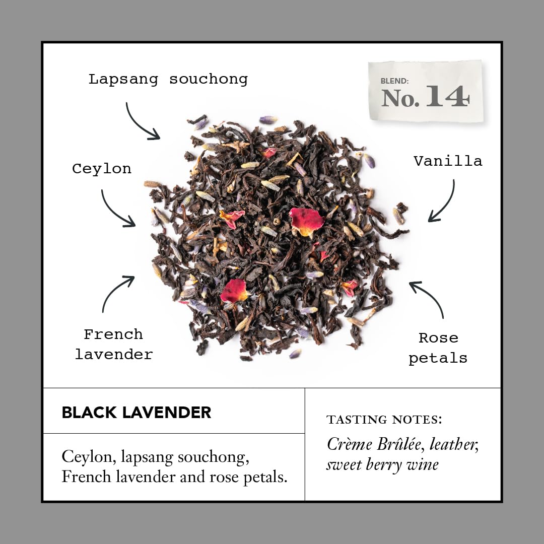 Closeup of Steven Smith Teamaker Black Lavender No.14 sachets showing lavender and tea blend