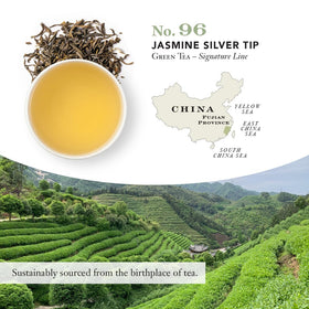 Tea bag steeping from Jasmine Silver Tip No 96 in hot water
