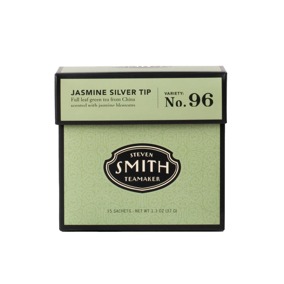 Steven Smith Teamaker Jasmine Silver Tip No 96 tea sachets arranged for brewing