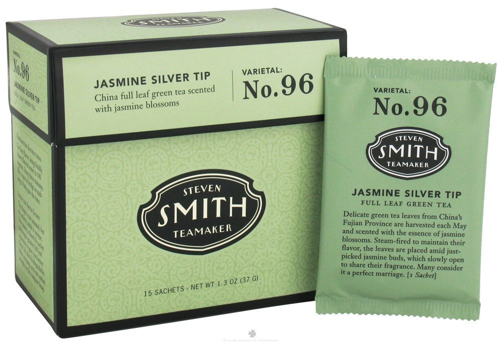 Steven Smith Teamaker Jasmine Silver Tip Green Tea sachet front with jasmine aroma ready to brew