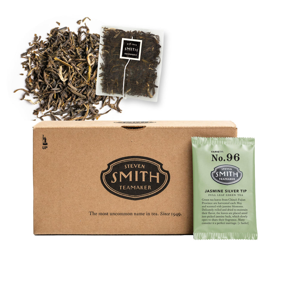 Steven Smith Teamaker Jasmine Silver Tip No. 96 tea bag close-up, premium full-leaf green tea for mornings