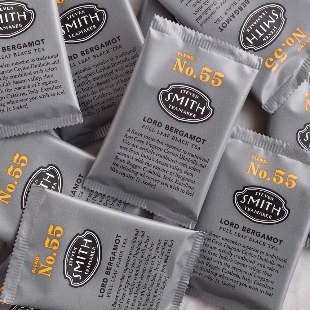 Packaging for Steven Smith Teamaker Lord Bergamot No. 55, premium full-leaf blend