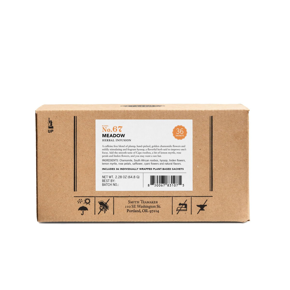 Steven Smith Teamaker Meadow No. 67 packaging shows sustainably produced and compostable sachets.
