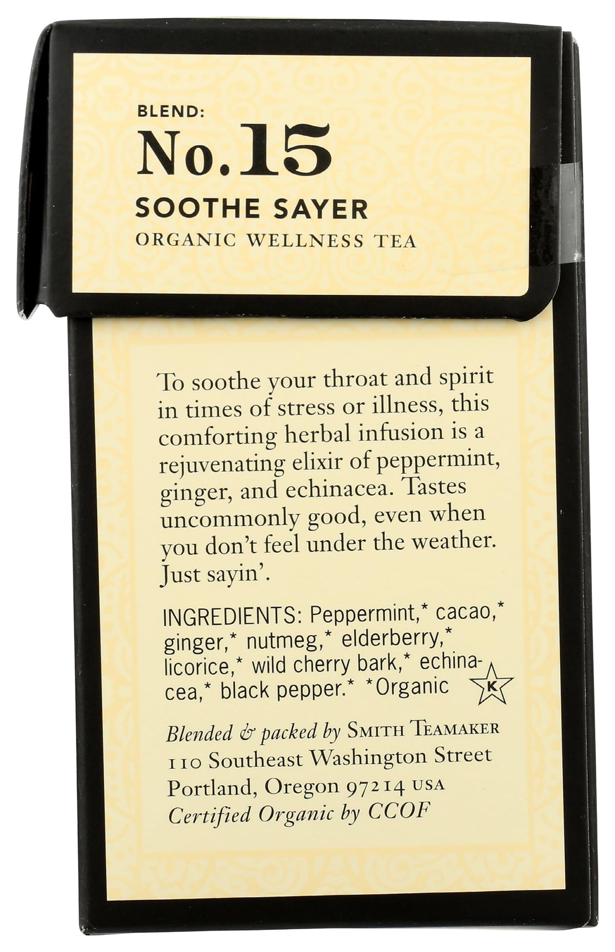 Steven Smith Teamaker No-15 caffeine-free label highlights relaxing option