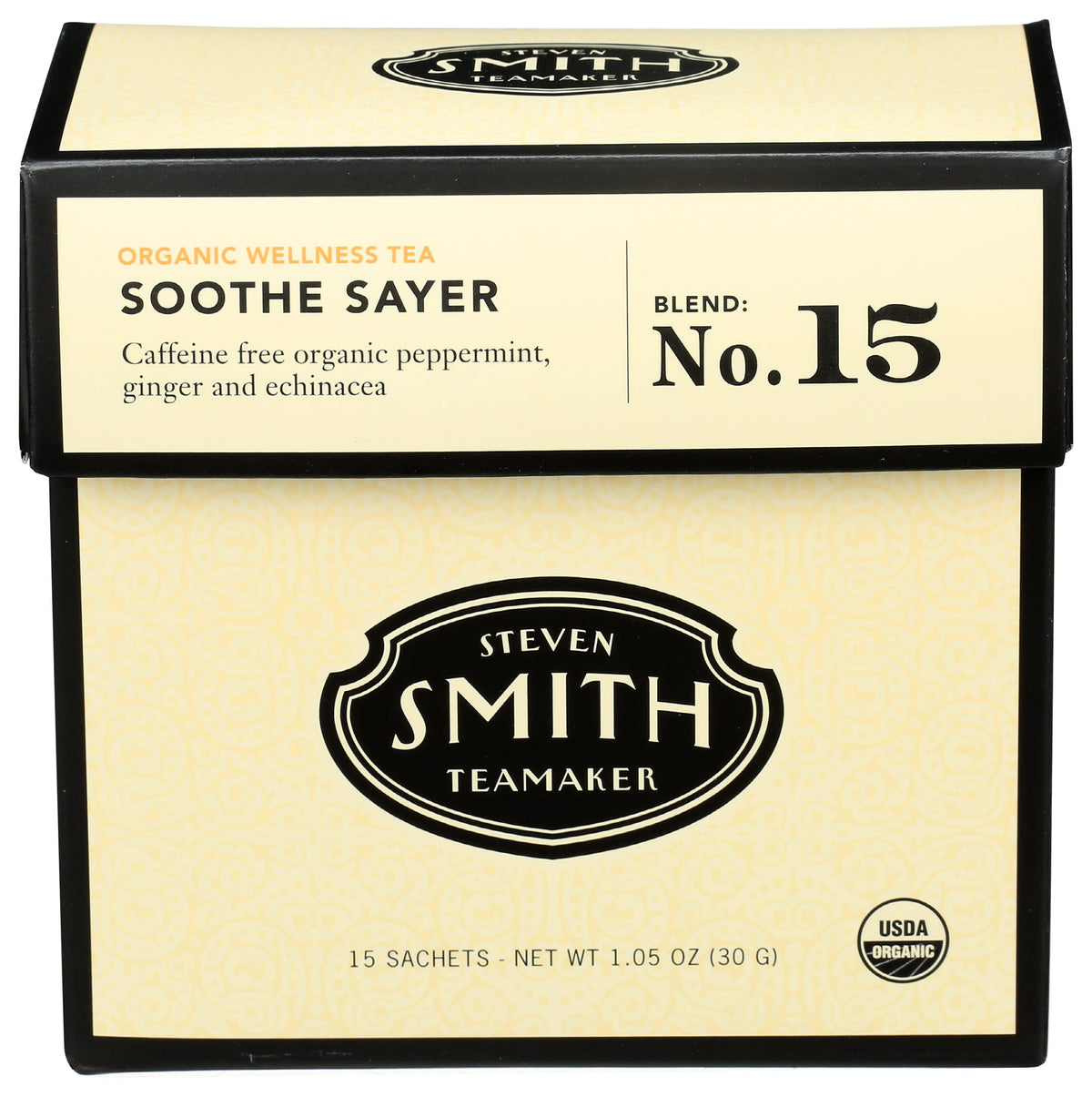 Steven Smith Teamaker Soothe Sayer No. 15 box front for soothing herbal wellness