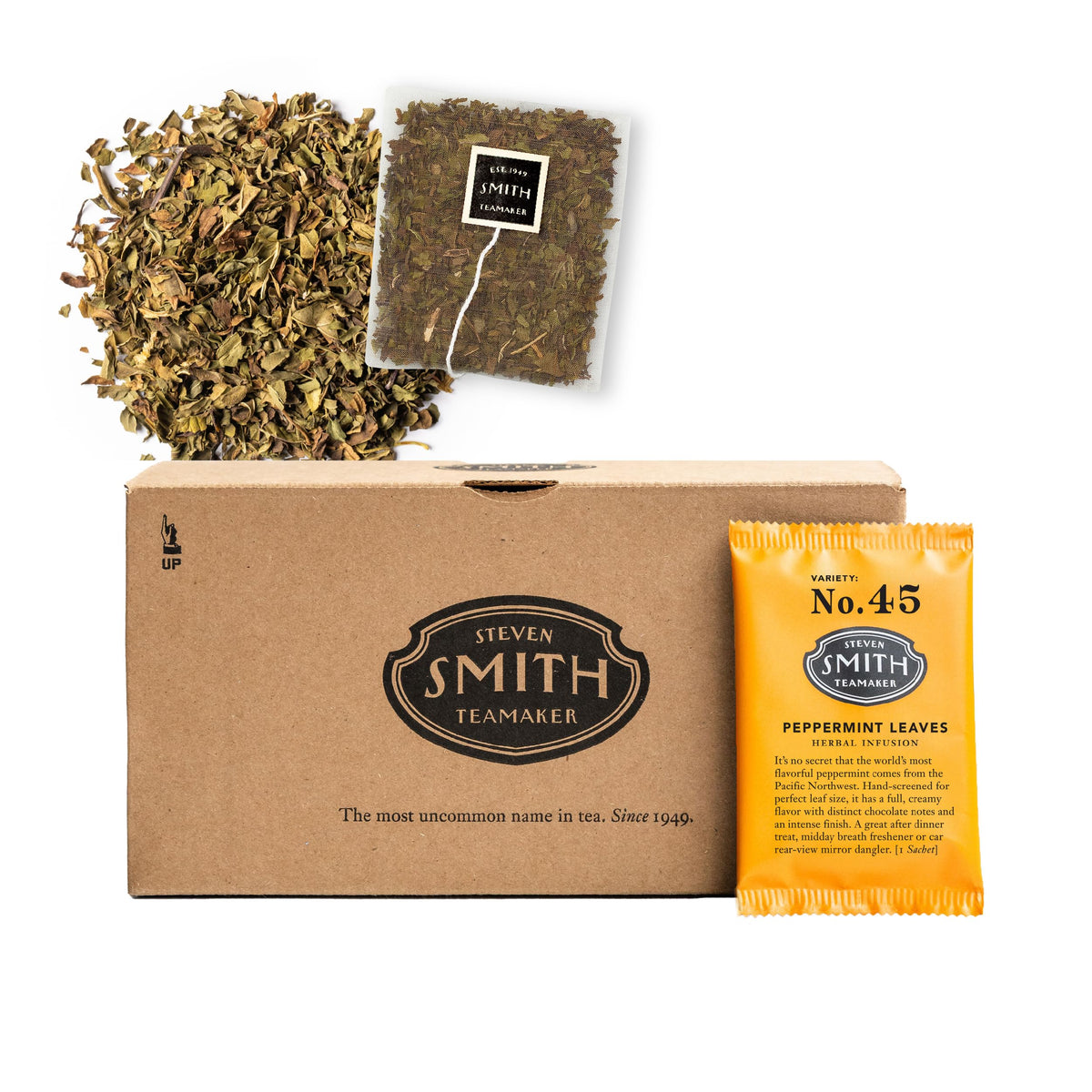 Steven Smith Teamaker Peppermint Leaves No. 45 tea bag packaging, sustainably sourced for eco-conscious brewing.