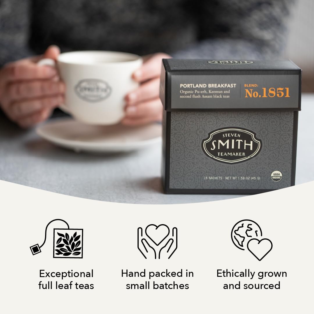 Steven Smith Teamaker Portland Breakfast plant-based sachets, compostable and easy to recycle.