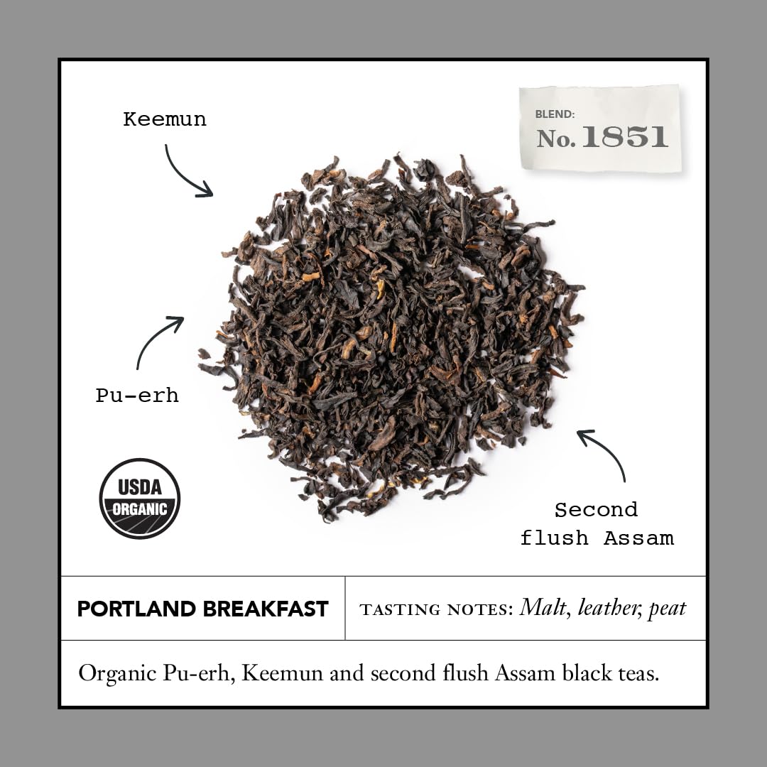 Steven Smith Teamaker Portland Breakfast tea sachet closeup, highlighting malt notes for a rich cup.
