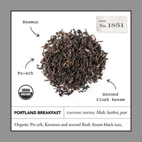 Steven Smith Teamaker Portland Breakfast tea sachet closeup, highlighting malt notes for a rich cup.