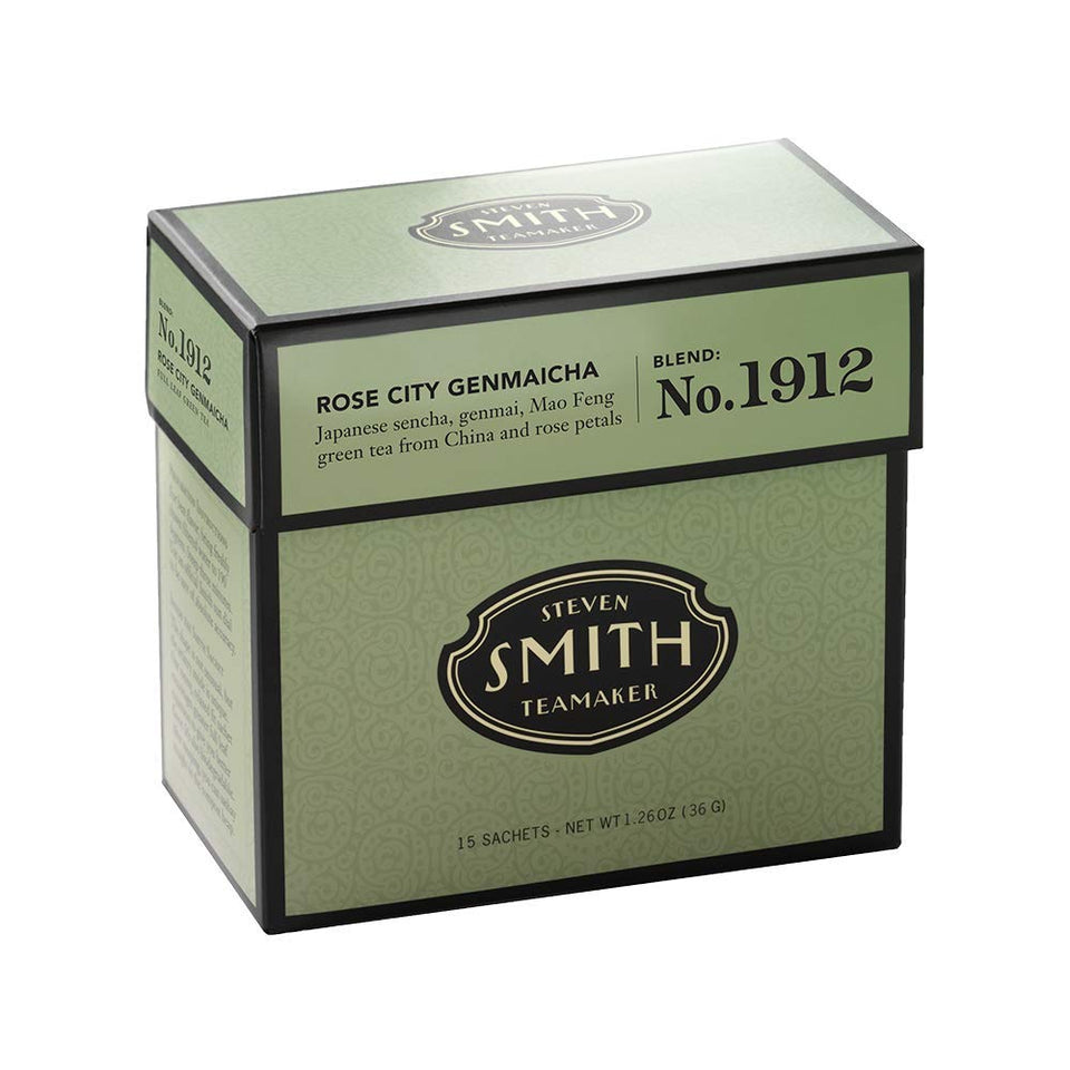 Steven Smith Teamaker Rose City Genmaicha tea packet offering premium aroma for daily tea rituals.