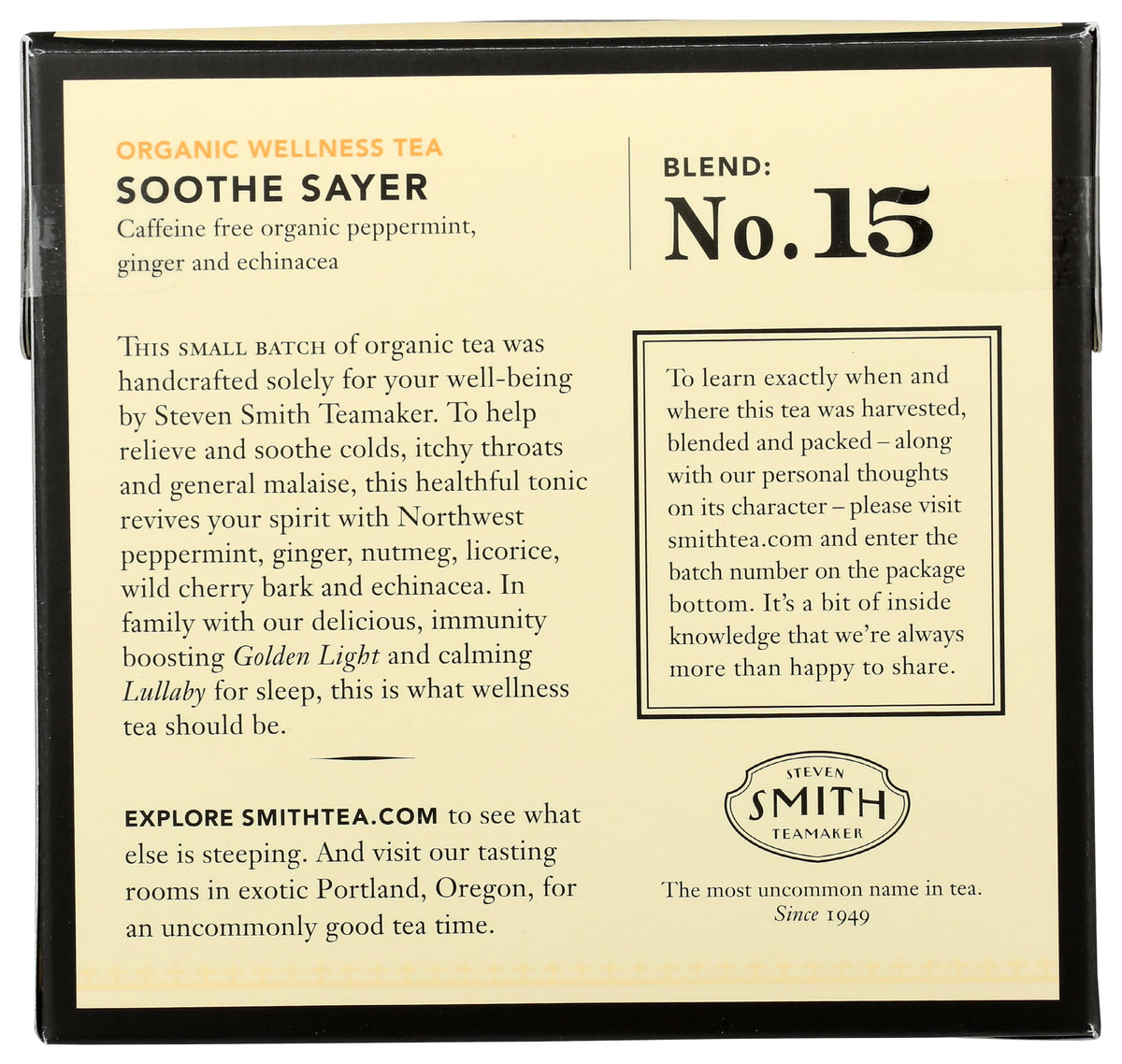 Steven Smith Teamaker Soothe Sayer No. 15 tea bags inside box for easy cupping and brewing