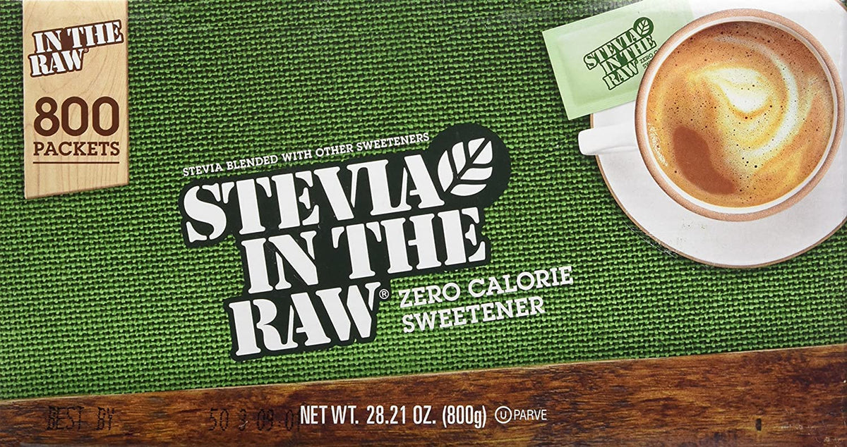 IN THE RAW Stevia Zero Calorie Sweetener portion packet, ideal for sugar-free coffee or tea.