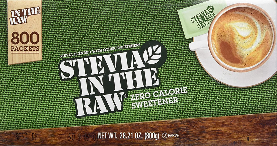 IN THE RAW Stevia Zero Calorie Sweetener portion packet, ideal for sugar-free coffee or tea.
