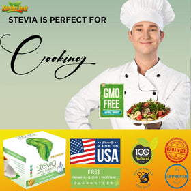 Stevia Intl Non-GMO and gluten-free badge on packaging.
