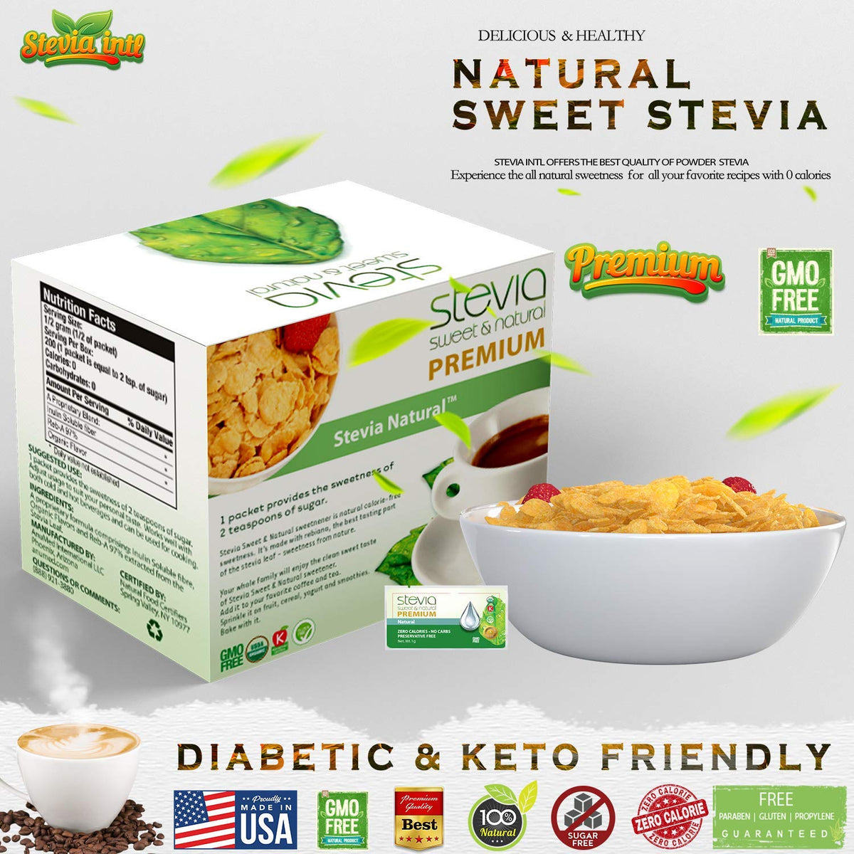 Stevia Intl Stevia Powder in a coffee mug for sugar-free sweetness.