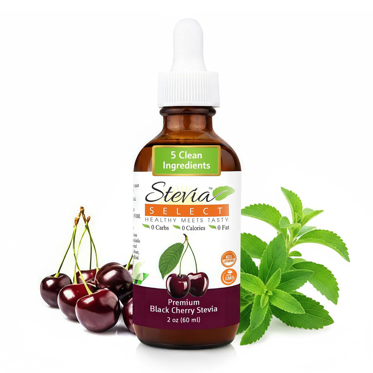 Stevia Select Black Cherry drops bottle showing natural zero calorie sweetness for drinks